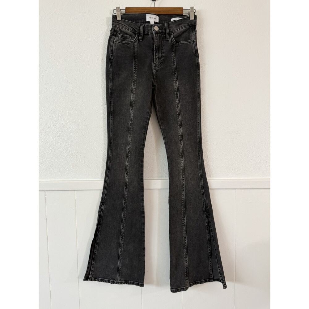 FRAME Le High Flare Jeans 24 Obsidian Clean Black Wash Split Hem Stretch - Picture 2 of 10